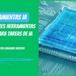 Descripción: Gráfico promocional destacando las 10 principales herramientas de ayuda para tareas de IA en español, presentando una imagen abstracta de un microchip.