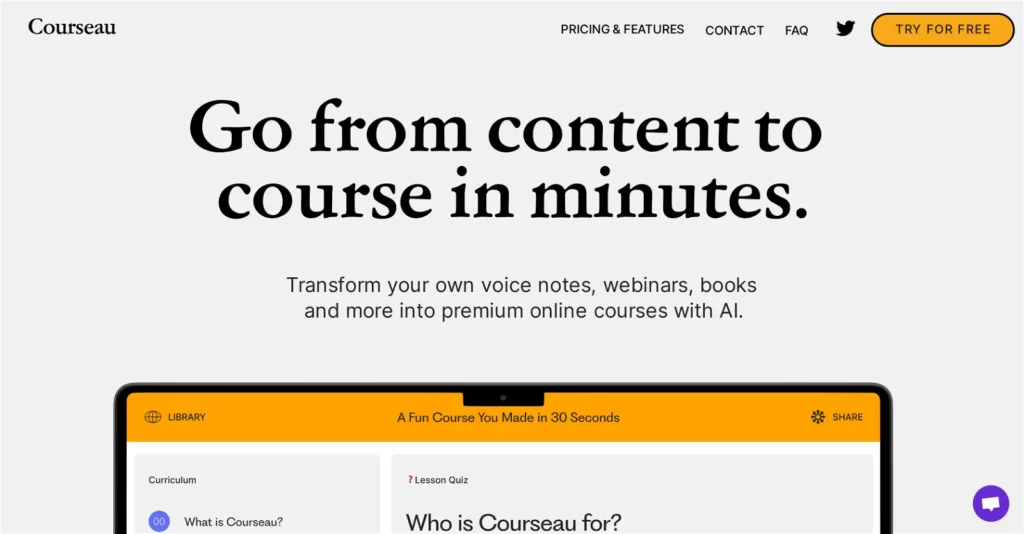 Courseau Crear cursos con IA - Una captura de pantalla de un sitio web con las palabras curso y minutos.