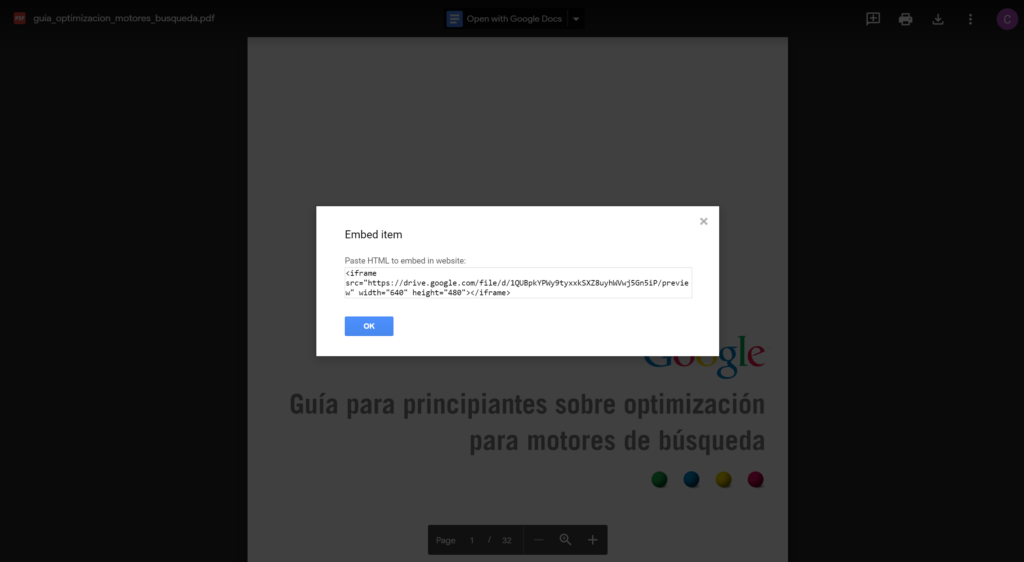 Incrustar un PDF en WordPress desde Google Drive – Copiando el codigo Incrustar un PDF en WordPress desde Google Drive