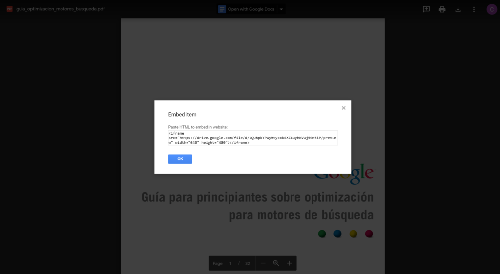 Incrustar un PDF en WordPress desde Google Drive