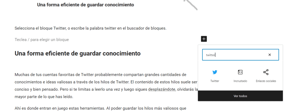 Guardar un hilo de Twitter con wordpress - Añadir Bloque Twitter