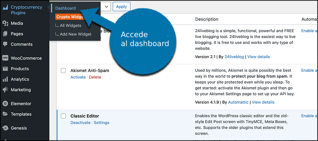 Cómo añadir un ticker de criptomonedas a WordPress -  Comprobar el panel de control