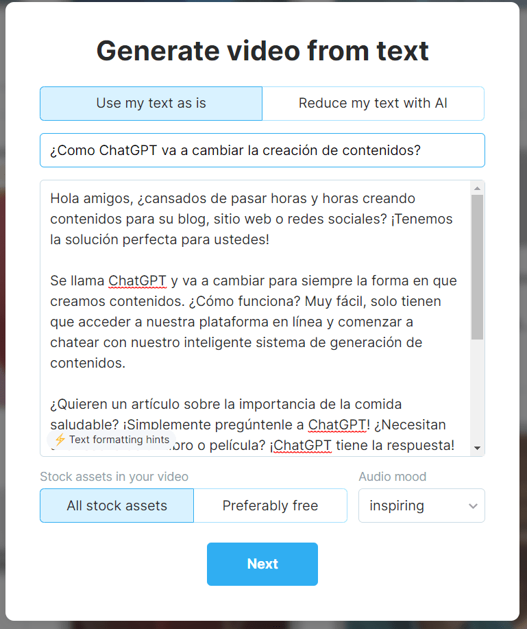 Cómo usar ChatGPT para escribir un guión de vídeo Cómo usar ChatGPT para escribir un guión de vídeo - Texto introducido en la creación de videos de WaveVideo