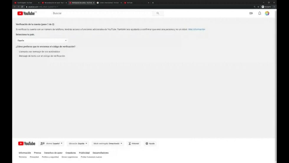 crear un canal de youtube - Verificación de telefono