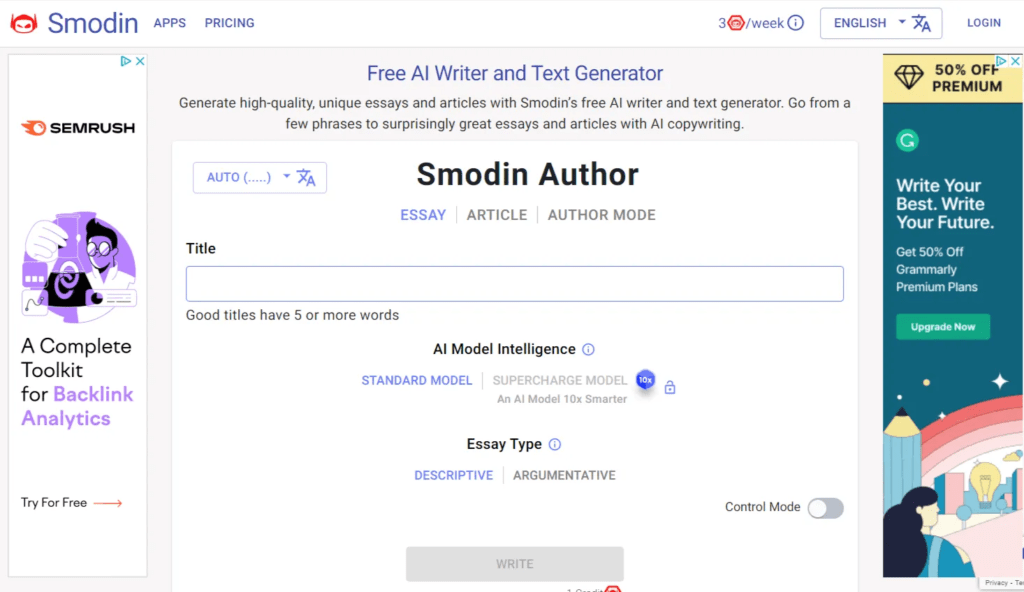 IA para escribir texto : smodin ai página de inicio