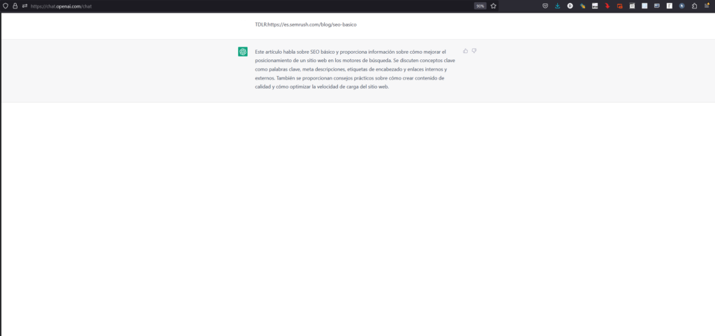 Cómo utilizar Chat GPT para resumir – Captura de pantalla de ChatGPT resumiendo un artículo de Semrush sobre SEO Cómo utilizar Chat GPT para resumir