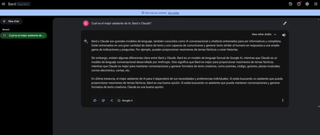 Google Bard vs Claude.ai : Ejemplo de pregunta a Google Bard