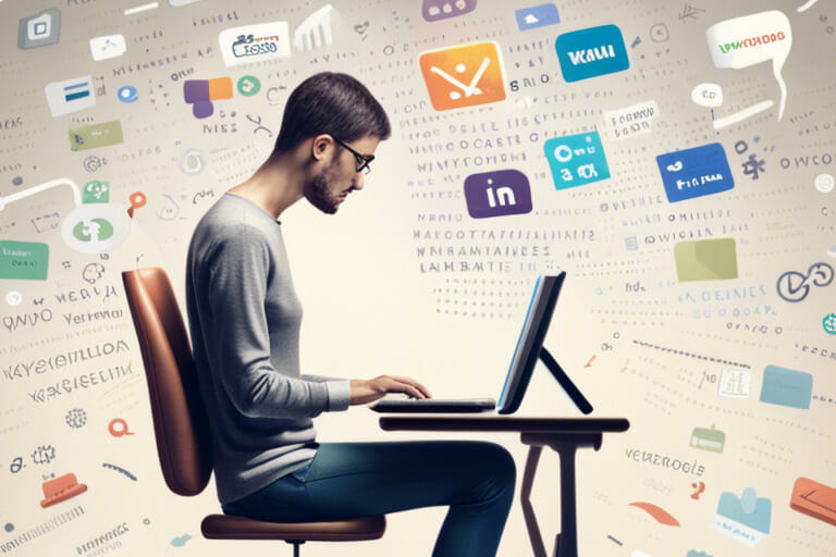 pasos para crear un blog - Un hombre rodeado de iconos de redes sociales mientras está sentado en un escritorio abre un blog con una guía paso a paso.