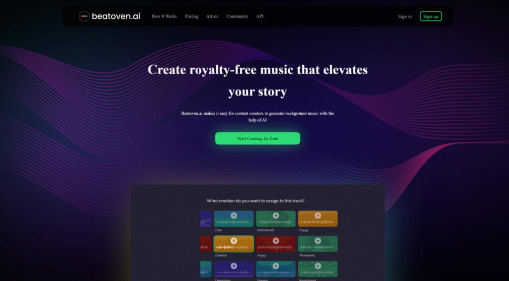 Los mejores generadores de música con IA - Beatoven.ai - Una página web para un creador de música que ofrece generadores de música gratuitos con tecnología de inteligencia artificial para usar en proyectos.