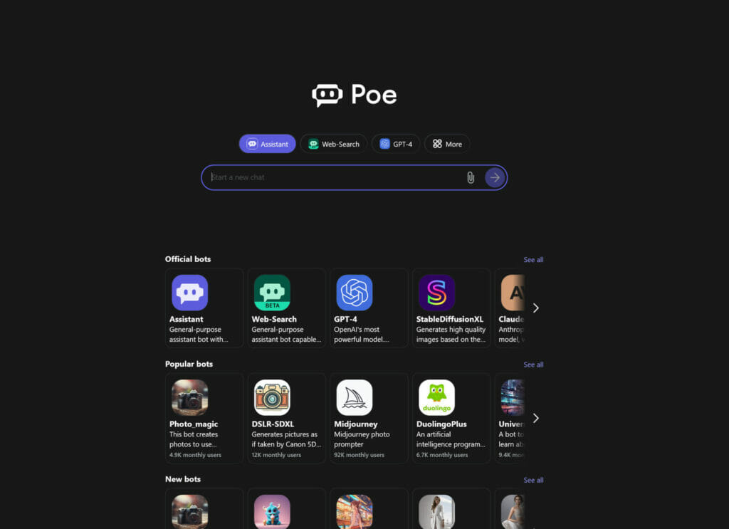 ¿Que és POE.com? Pagina principal de la herramienta - Una captura de pantalla de la aplicación pee en una pantalla negra que muestra Novedades en Poe en Octubre de 2023.