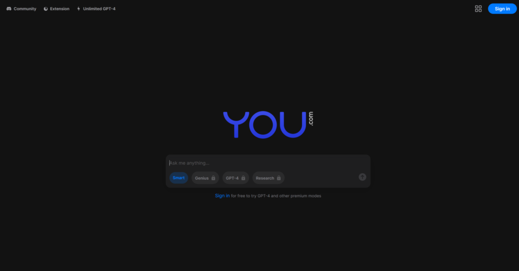 Las mejores Herramientas de IA para profesores: You.com - Una pantalla azul con la palabra tú, diseñada para mejorar la experiencia de los profesores y utilizar Herramientas de IA en el aula.