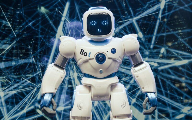 white and blue robot figure
